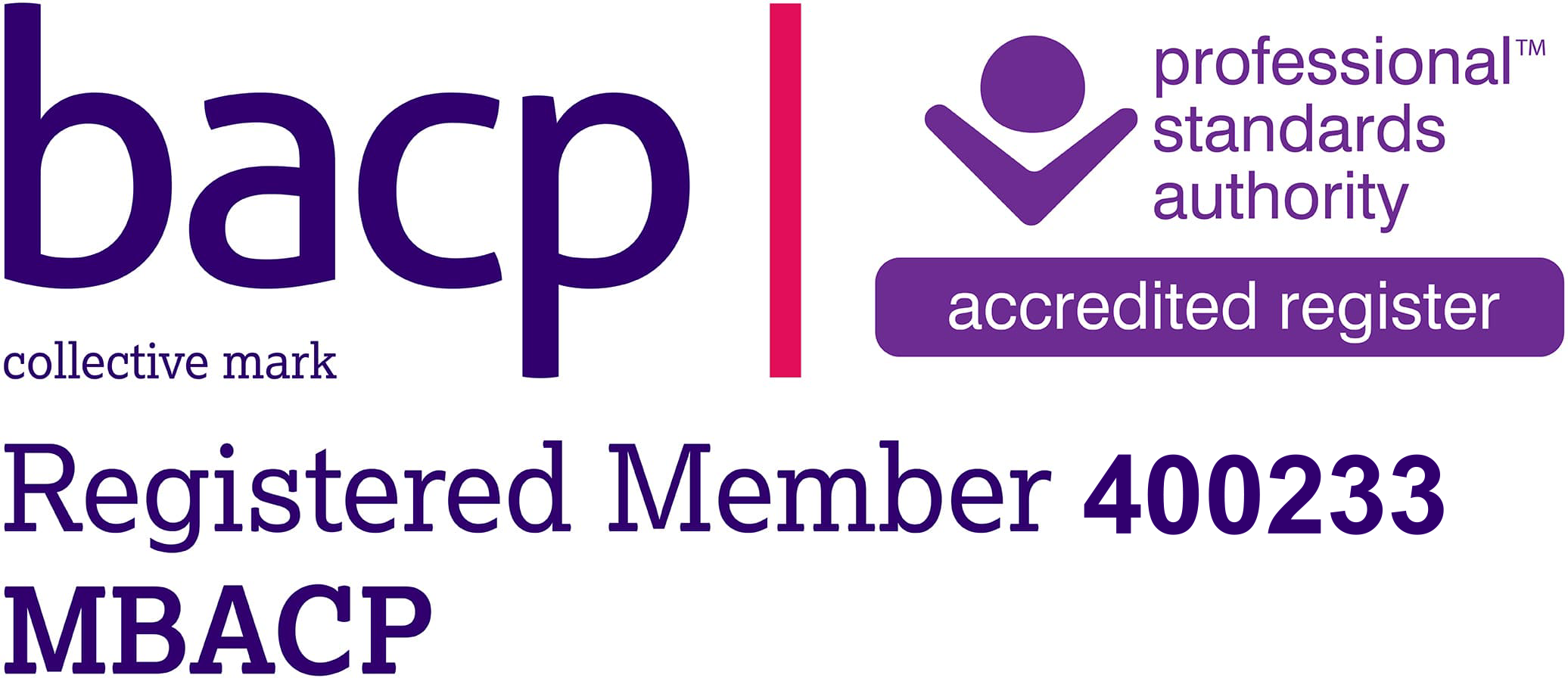 BACP Professional Standards Authority accredited register logo. Registered Member 400233 MBACP.