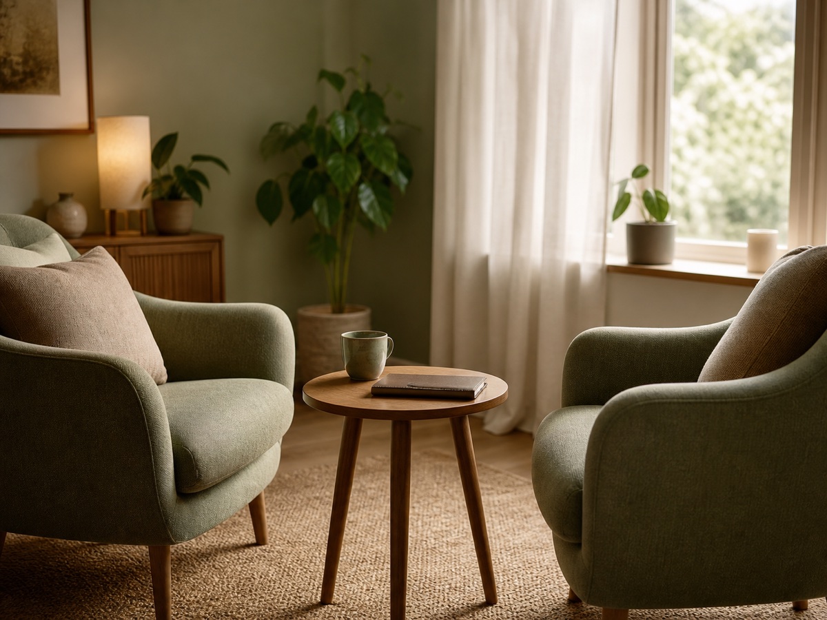 Two comfortable counselling chairs beside a small table in soft natural light