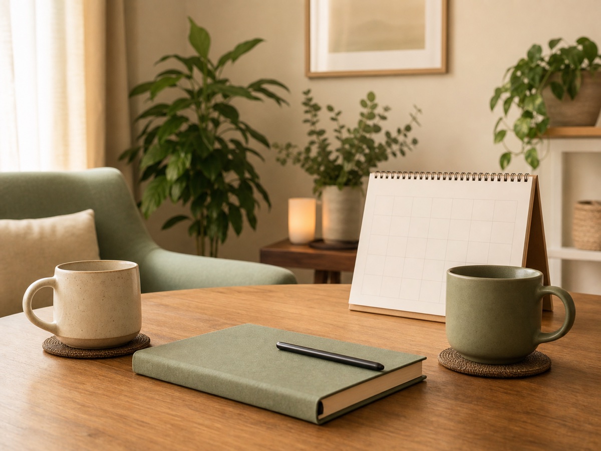 Two mugs, a notebook, and a blank calendar in a calm therapy room