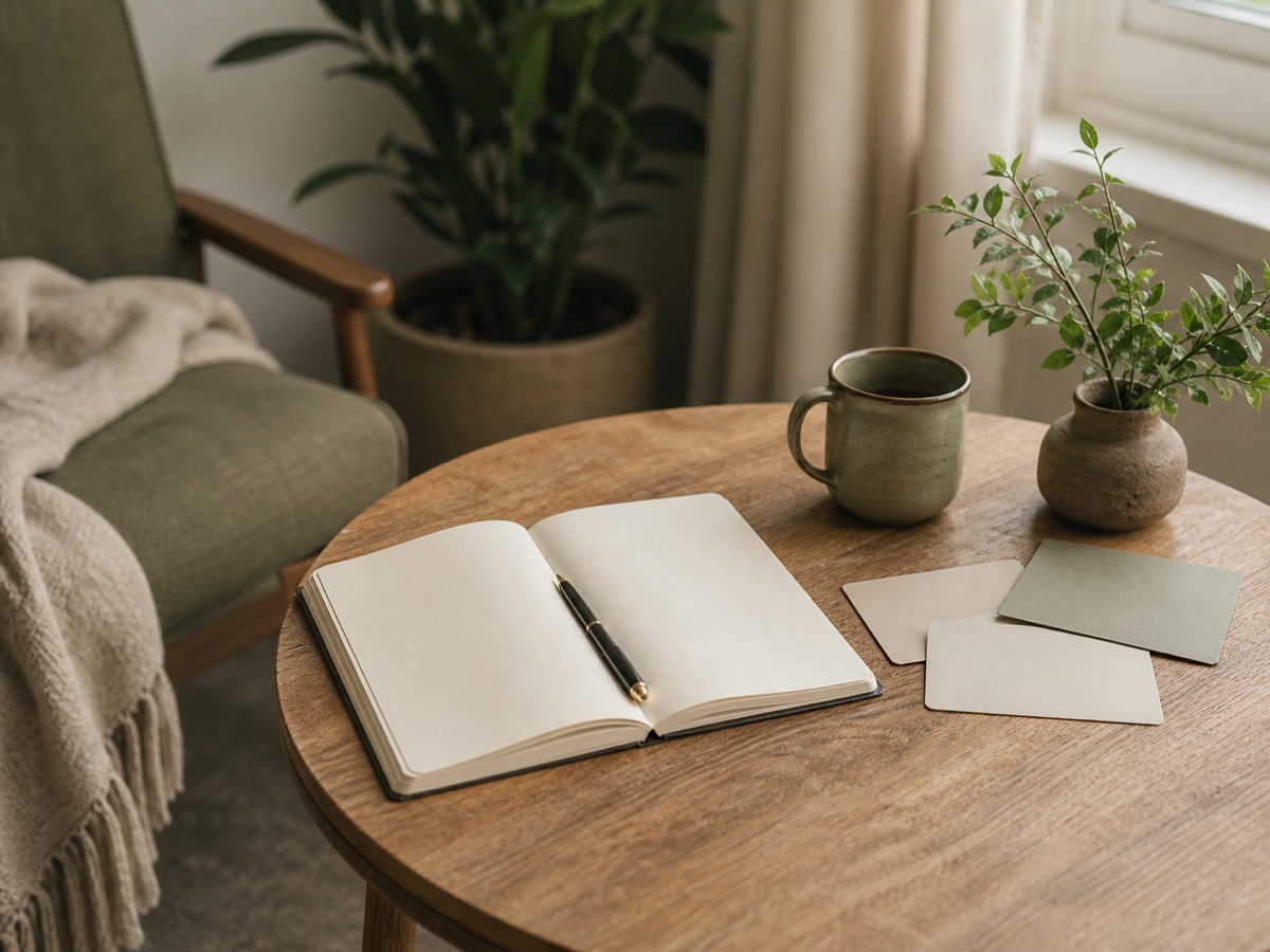 An open notebook, pen, blank cards, and a mug on a wooden table